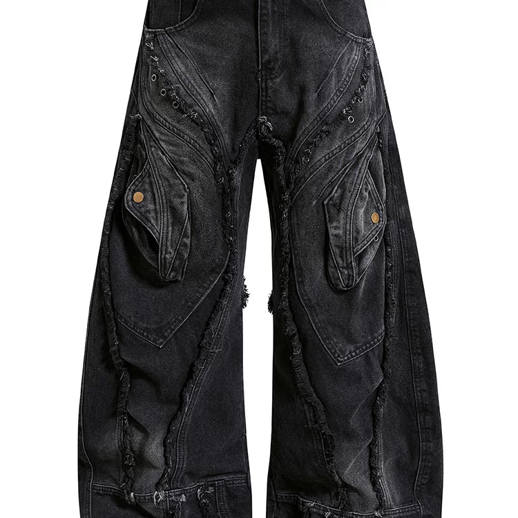 China-Chic Super Heavy Industries worn and deconstructed raw edge scimitar jeans men and women's waste earth style loose wide leg black gray trousers