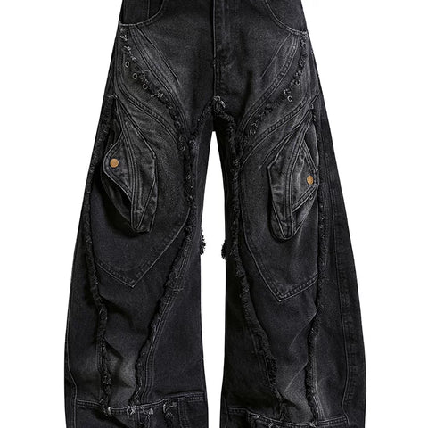 China-Chic Super Heavy Industries worn and deconstructed raw edge scimitar jeans men and women's waste earth style loose wide leg black gray trousers