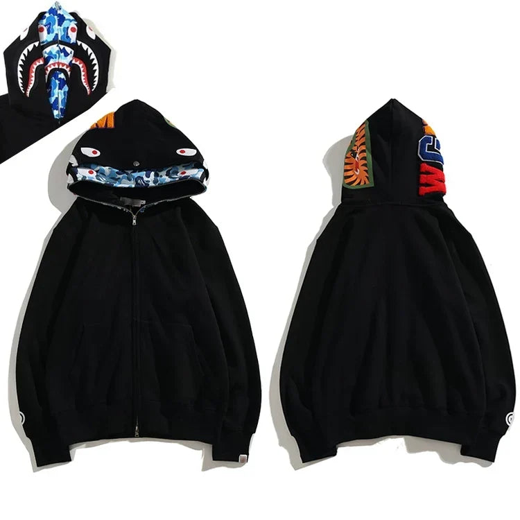 BAPE Style Solid Black Shark Full-Zip Hoodie - Blue Camo Interior