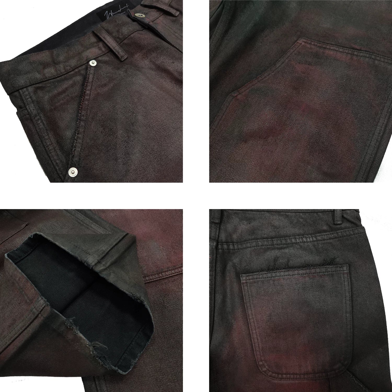 WANNA LAB 26SS Hand Brushed Wax Printing Crimson Coating Baggy Version Double Knee Lumbering Method Workwear Pants