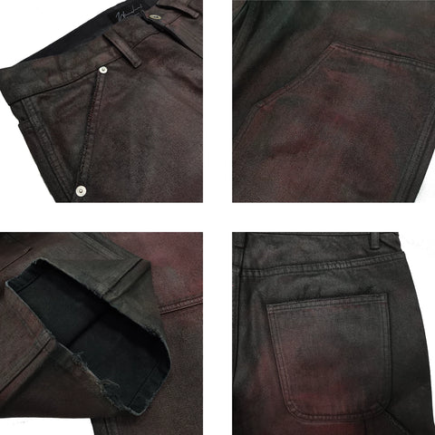 WANNA LAB 26SS Hand Brushed Wax Printing Crimson Coating Baggy Version Double Knee Lumbering Method Workwear Pants