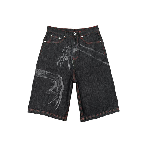 WANNA LAB Ghost Hand Laser Burnt Straight Tube Wide Matsubara Cowboy Pants Six or Seven Minutes Short Half Hairy Leather Brand