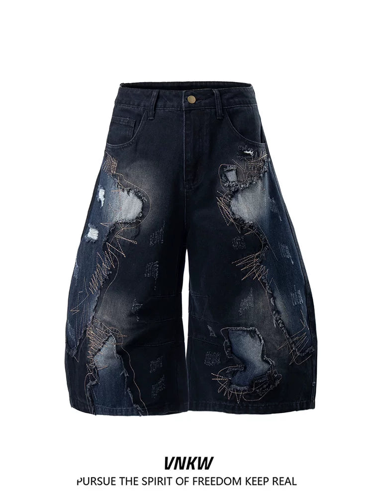 American heavyweight deconstruction tie dye embroidered denim cropped pants, men's and women's loose wide leg versatile unisex style curved knife shorts