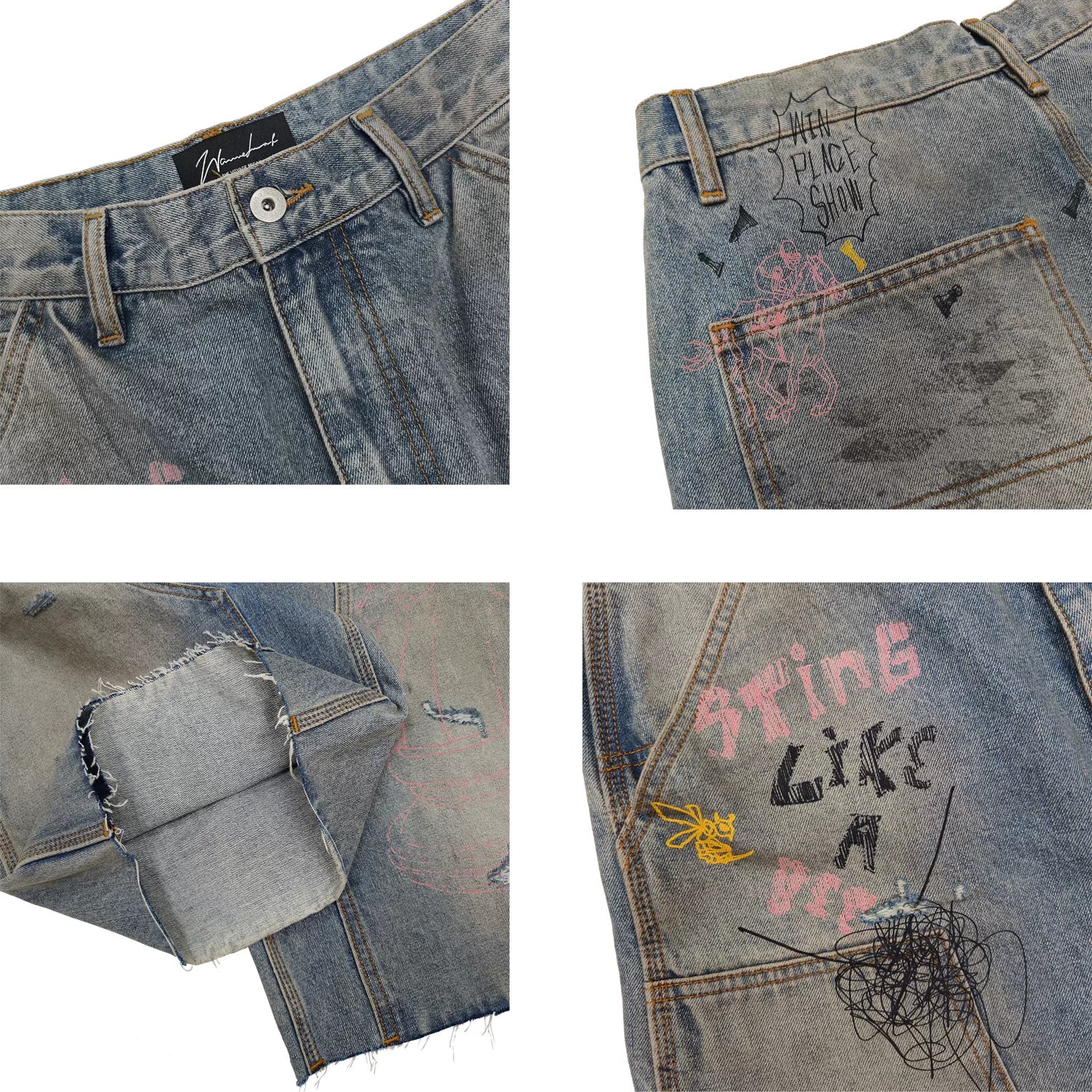 WANNA LAB 26SS horse racing hand drawn graffiti dirty dye logging rough edges denim seven quarter shorts
