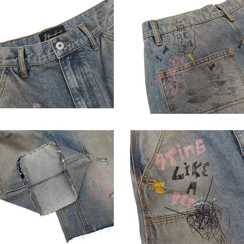 WANNA LAB 26SS horse racing hand drawn graffiti dirty dye logging rough edges denim seven quarter shorts