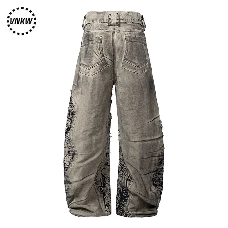 China-Chic Deconstruction Splicing Spray Dyeing Damaged Scimitar Workwear Jeans for Men and Women Heavy Weight Old Wasteland Wide Leg Pants