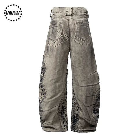 China-Chic Deconstruction Splicing Spray Dyeing Damaged Scimitar Workwear Jeans for Men and Women Heavy Weight Old Wasteland Wide Leg Pants