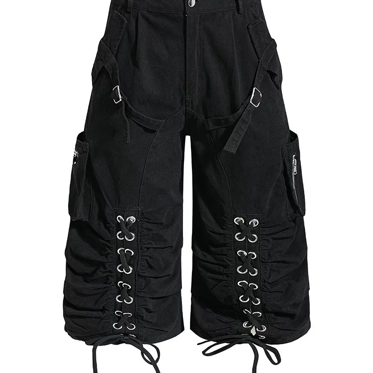 American retro light Asian multi pocket drawstring strap deconstruction workwear cropped pants for men and women loose wide leg versatile shorts