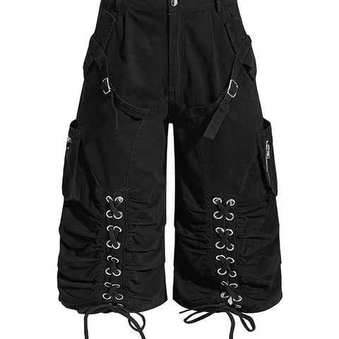 American retro light Asian multi pocket drawstring strap deconstruction workwear cropped pants for men and women loose wide leg versatile shorts