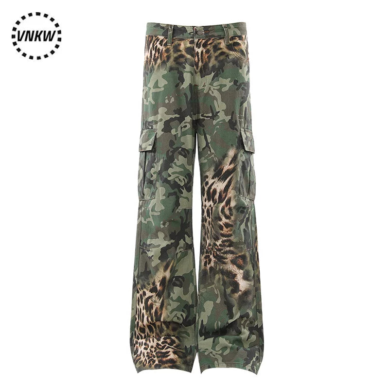 American retro leopard print patchwork camouflage straight leg work pants for men and women, loose and wide leg versatile, slimming and high-end pants