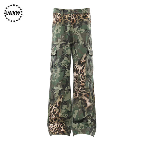 American retro leopard print patchwork camouflage straight leg work pants for men and women, loose and wide leg versatile, slimming and high-end pants