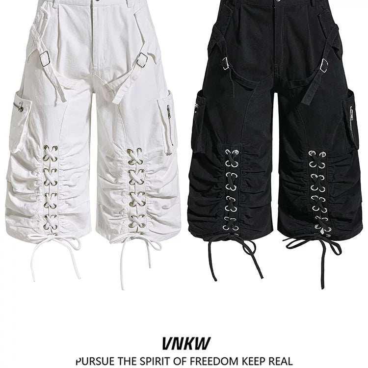 American retro light Asian multi pocket drawstring strap deconstruction workwear cropped pants for men and women loose wide leg versatile shorts