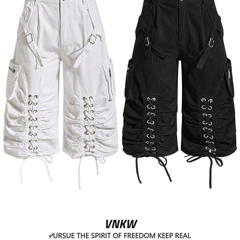 American retro light Asian multi pocket drawstring strap deconstruction workwear cropped pants for men and women loose wide leg versatile shorts