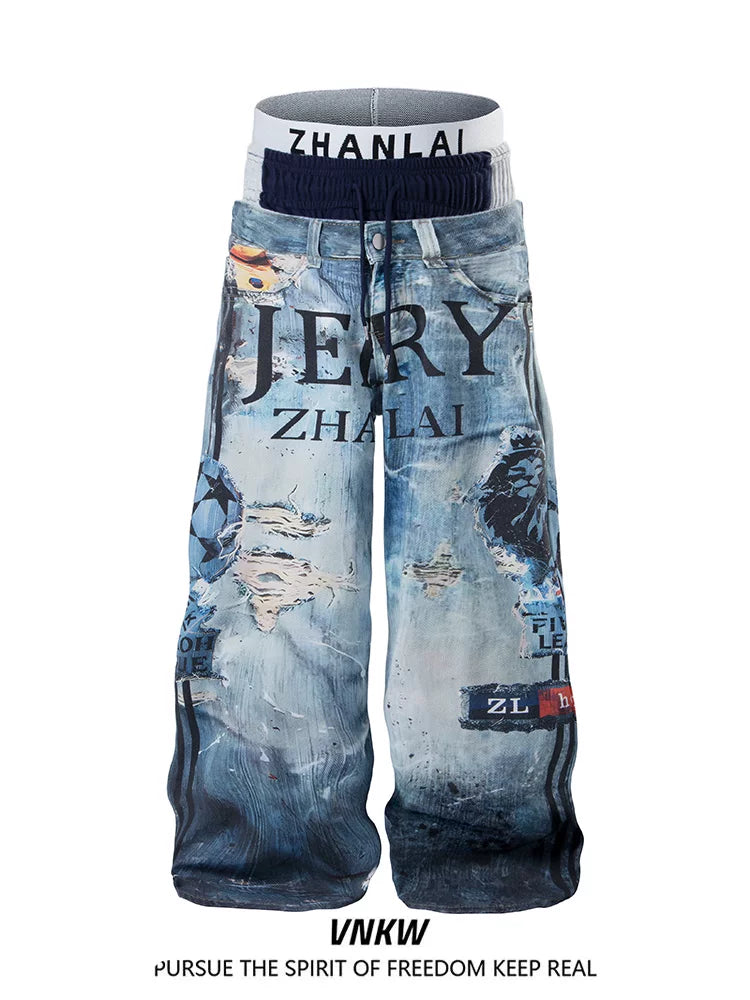 American street heavyweight three waisted 3D printed wide leg work pants for men and women, loose and versatile clean fit long pants