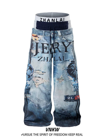 American street heavyweight three waisted 3D printed wide leg work pants for men and women, loose and versatile clean fit long pants