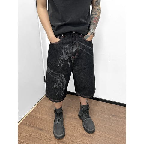 WANNA LAB Ghost Hand Laser Burnt Straight Tube Wide Matsubara Cowboy Pants Six or Seven Minutes Short Half Hairy Leather Brand