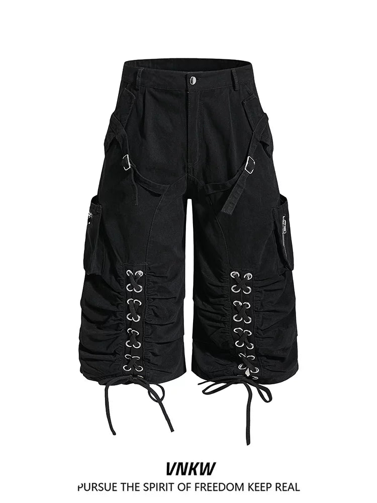 American retro light Asian multi pocket drawstring strap deconstruction workwear cropped pants for men and women loose wide leg versatile shorts