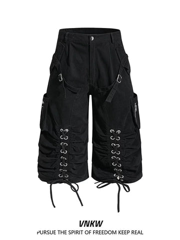 American retro light Asian multi pocket drawstring strap deconstruction workwear cropped pants for men and women loose wide leg versatile shorts