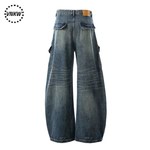 China-Chic American retro vintage wash wide leg jeans male baggy scimitar lovers casual micro la overalls
