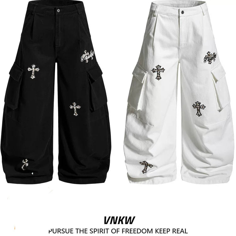 American retro leopard print cross embroidered workwear curved pants for men and women, loose multi pocket casual versatile wide leg pants