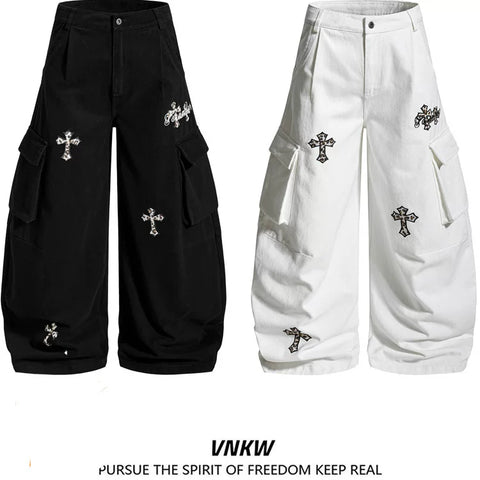 American retro leopard print cross embroidered workwear curved pants for men and women, loose multi pocket casual versatile wide leg pants