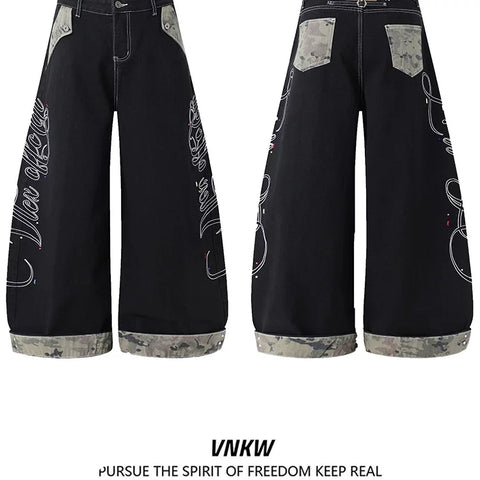 American retro letter embroidery patchwork camouflage contrasting curved knife jeans for men and women, loose wide leg original cow black pants
