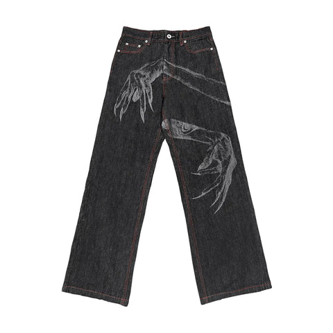 WANNA LAB Ghost Hand Laser Burnt Straight Tube Wide Matsubara Cowboy Pants Six or Seven Minutes Short Half Hairy Leather Brand
