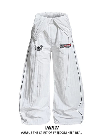 American retro white wide leg curved knife paratrooper pants for men and women, loose double waist, contrasting stripes, casual sports pants