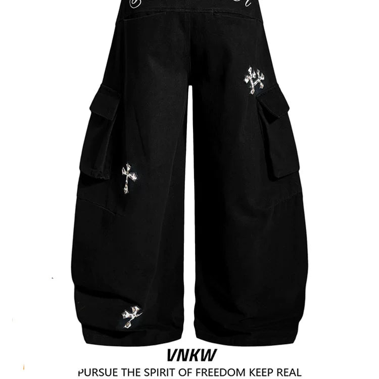 American retro leopard print cross embroidered workwear curved pants for men and women, loose multi pocket casual versatile wide leg pants