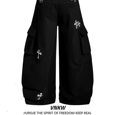 American retro leopard print cross embroidered workwear curved pants for men and women, loose multi pocket casual versatile wide leg pants