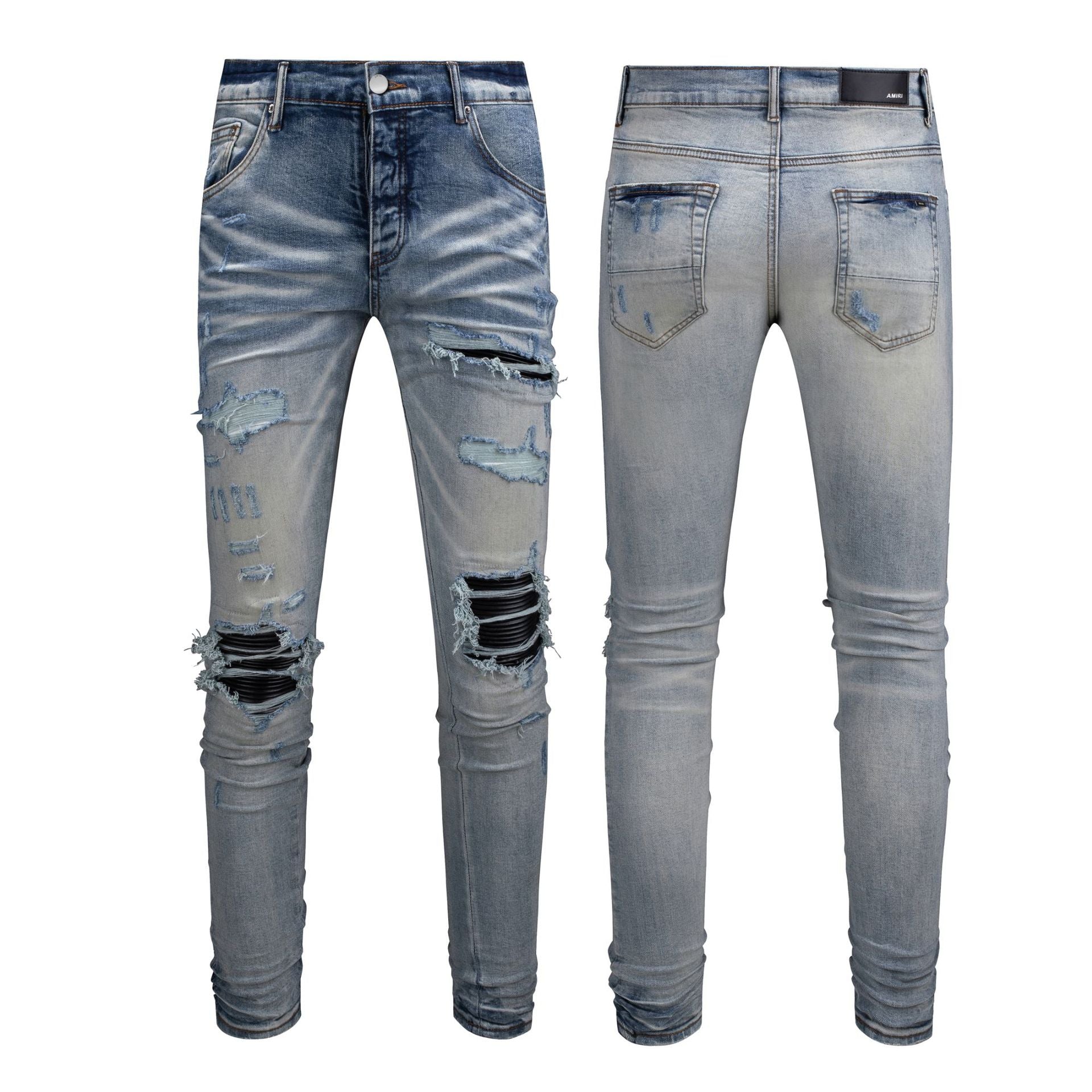 Purple Jeans Men's Slim Fit Black Jeans with Street Style Patches, Vintage Wash, and Ripped Details 6848