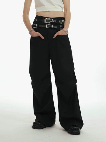 Unfesno (UN) Grey style double waisted 460G fabric pleated silhouette hanging Western pants gray suit pants