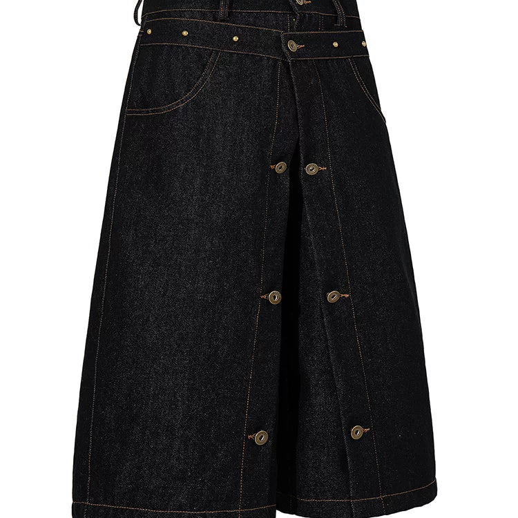 American retro double waisted original cowhide multi button denim cropped pants, men's and women's loose wide leg versatile workwear shorts