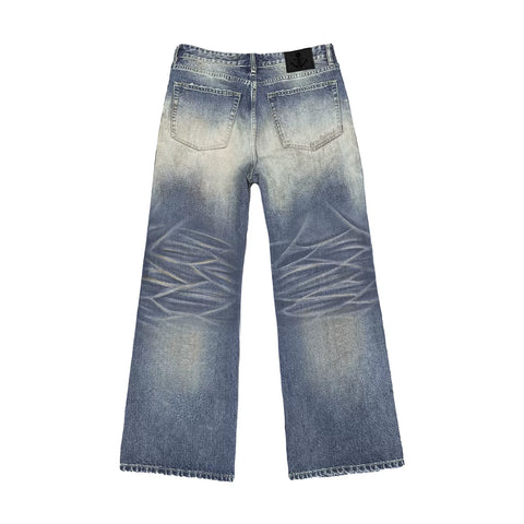 WANNA LAB Patches Chaotic Needles BORO Craftsmanship Unique Water Wash Destruction Make Old Straight Tube 3D Cat Beard Jeans