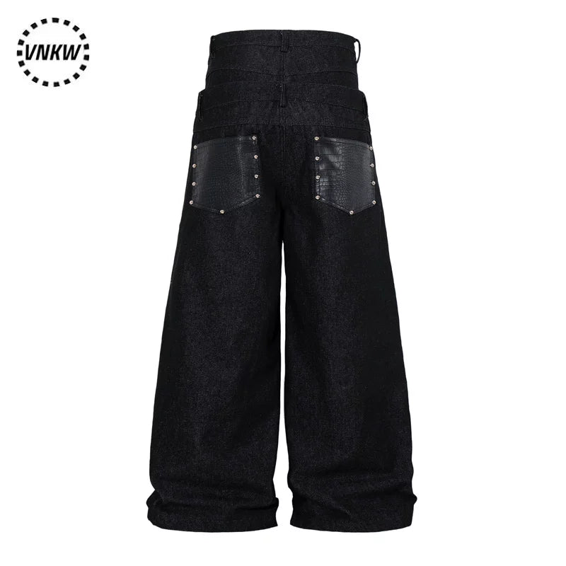 American retro original cow double waisted spliced work pants for men and women, loose wide leg straight leg casual versatile commuting pants