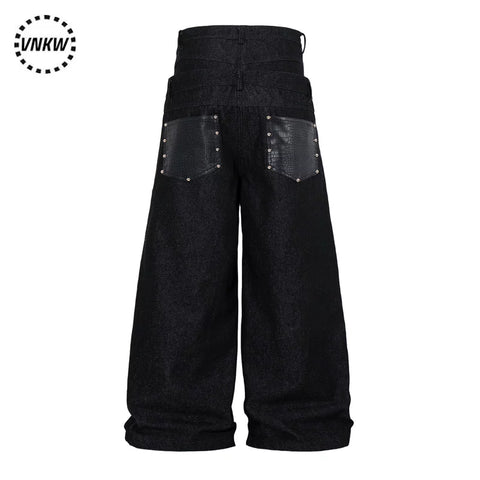 American retro original cow double waisted spliced work pants for men and women, loose wide leg straight leg casual versatile commuting pants