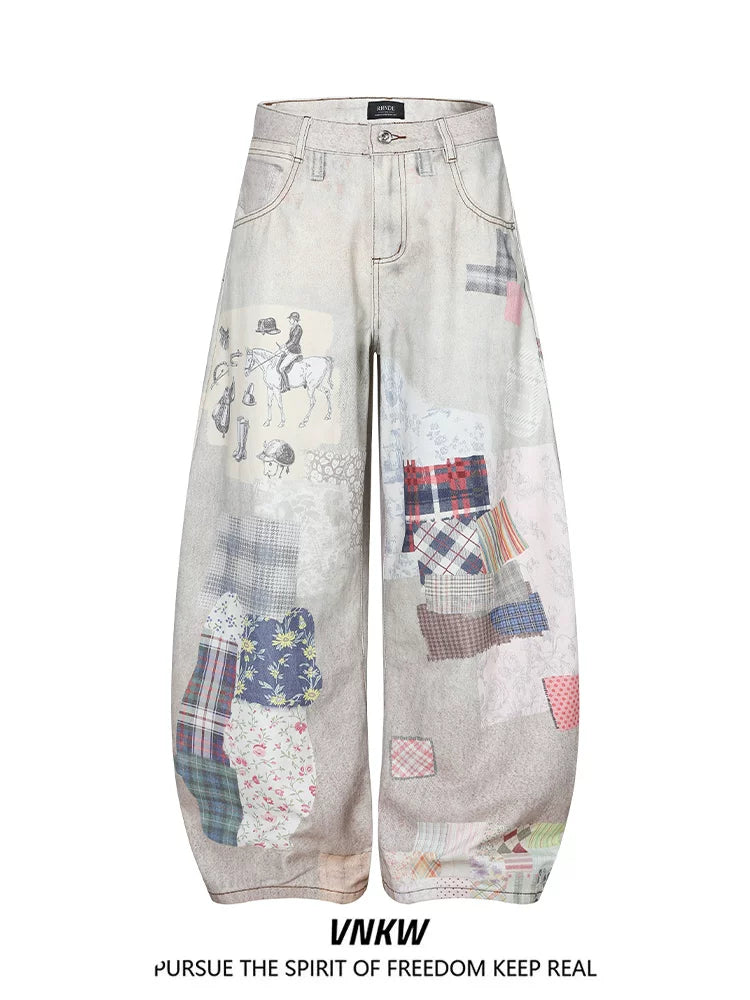 American retro 3D fun graffiti printed jeans for men and women, loose and wide legged, versatile for street wear, casual curved knife pants