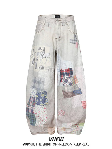 American retro 3D fun graffiti printed jeans for men and women, loose and wide legged, versatile for street wear, casual curved knife pants