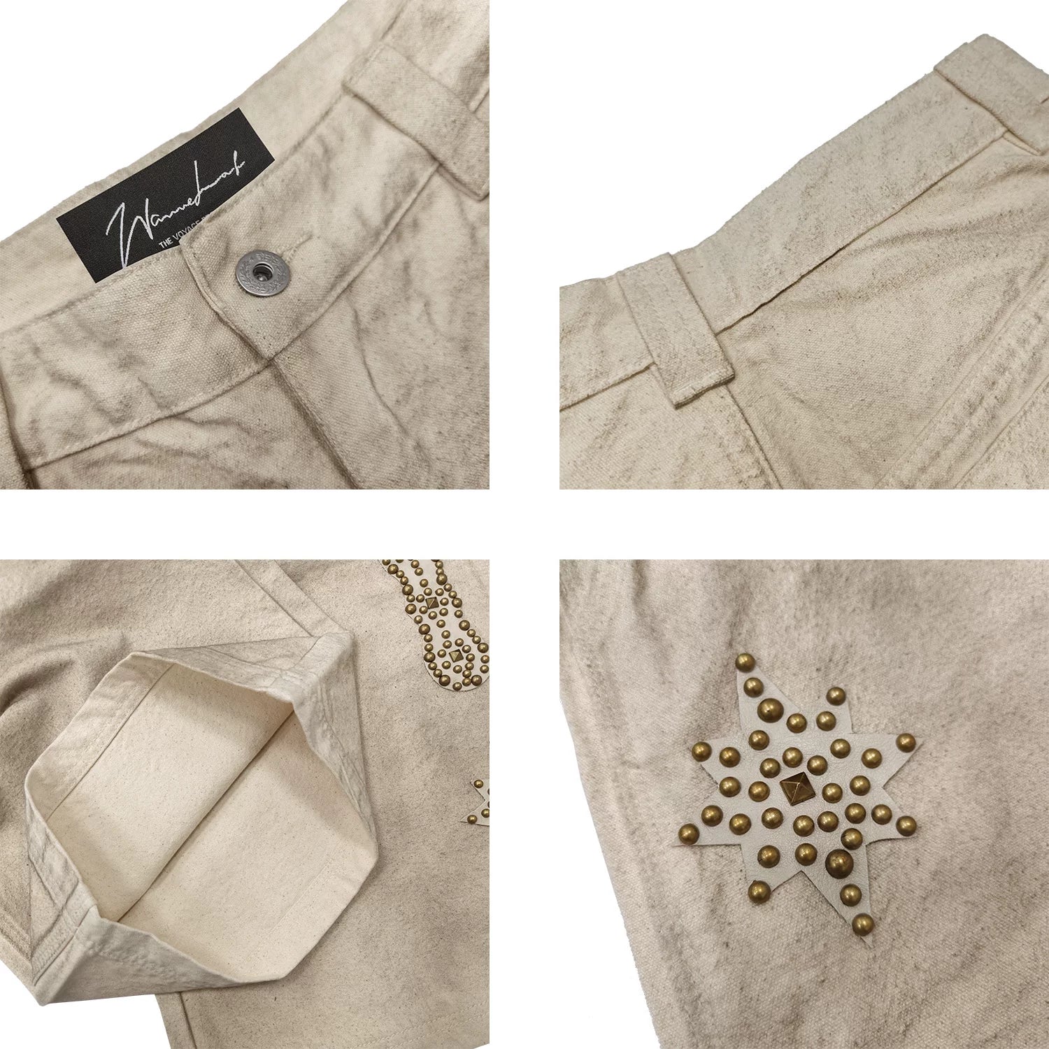 WANNA LAB 26SS genuine leather adhesive cloth, brass rivets, flower wiping, dirty embryo cloth, color bead sail workwear, six or seven minute shorts
