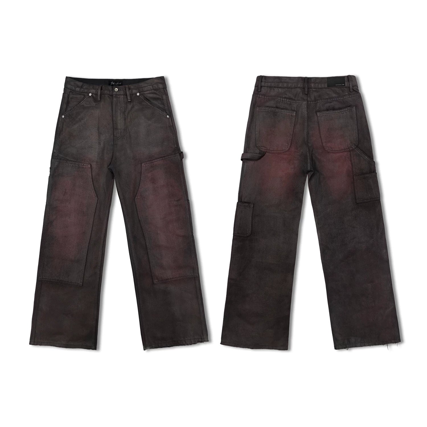 WANNA LAB 26SS Hand Brushed Wax Printing Crimson Coating Baggy Version Double Knee Lumbering Method Workwear Pants
