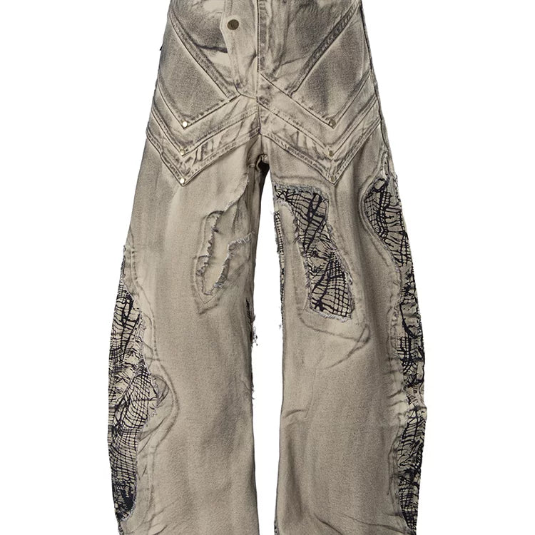 China-Chic Deconstruction Splicing Spray Dyeing Damaged Scimitar Workwear Jeans for Men and Women Heavy Weight Old Wasteland Wide Leg Pants