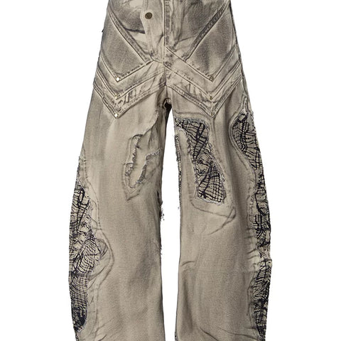 China-Chic Deconstruction Splicing Spray Dyeing Damaged Scimitar Workwear Jeans for Men and Women Heavy Weight Old Wasteland Wide Leg Pants