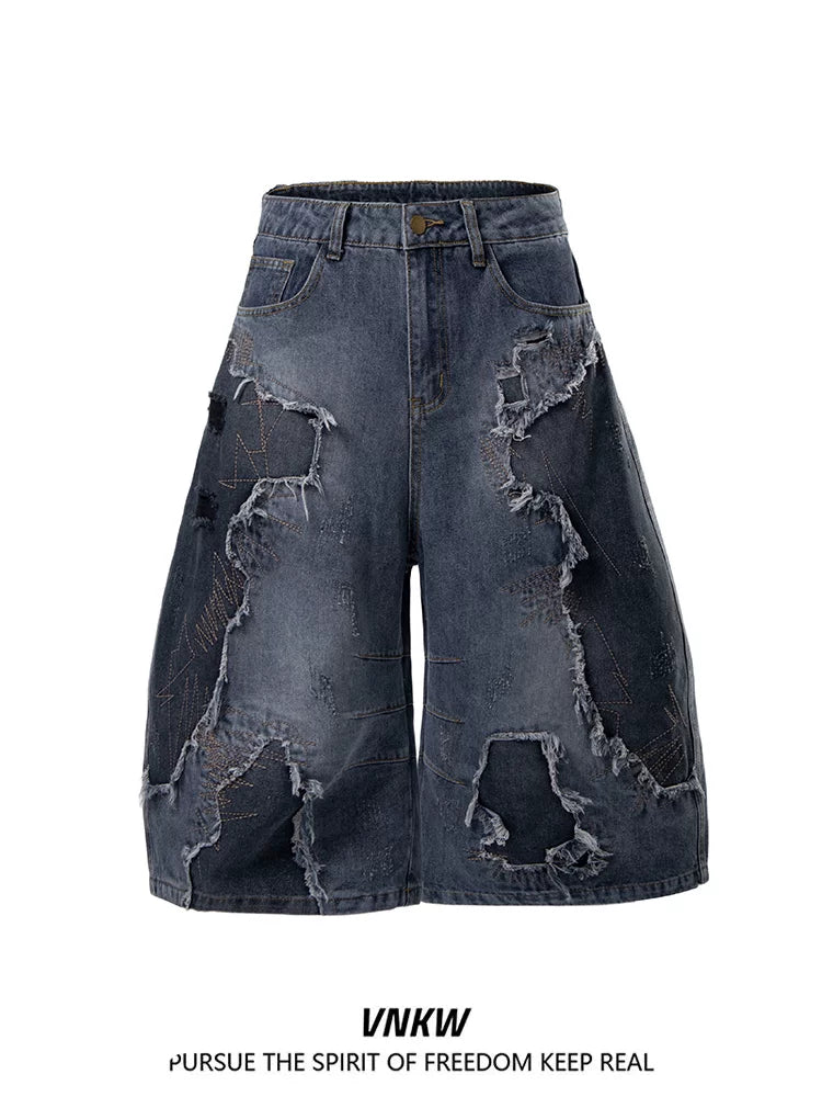 American heavyweight deconstruction tie dye embroidered denim cropped pants, men's and women's loose wide leg versatile unisex style curved knife shorts