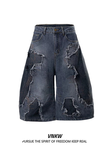 American heavyweight deconstruction tie dye embroidered denim cropped pants, men's and women's loose wide leg versatile unisex style curved knife shorts