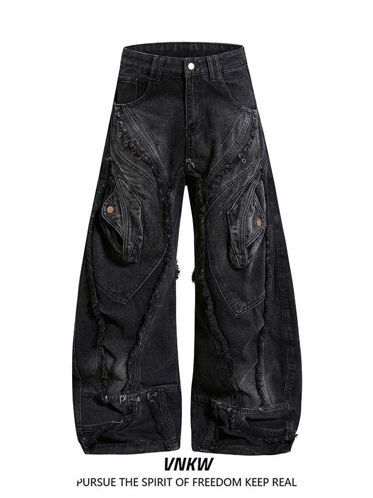 China-Chic Super Heavy Industries worn and deconstructed raw edge scimitar jeans men and women's waste earth style loose wide leg black gray trousers