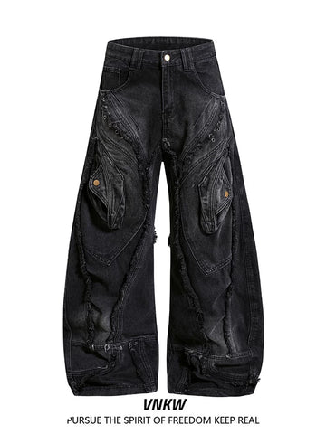 China-Chic Super Heavy Industries worn and deconstructed raw edge scimitar jeans men and women's waste earth style loose wide leg black gray trousers