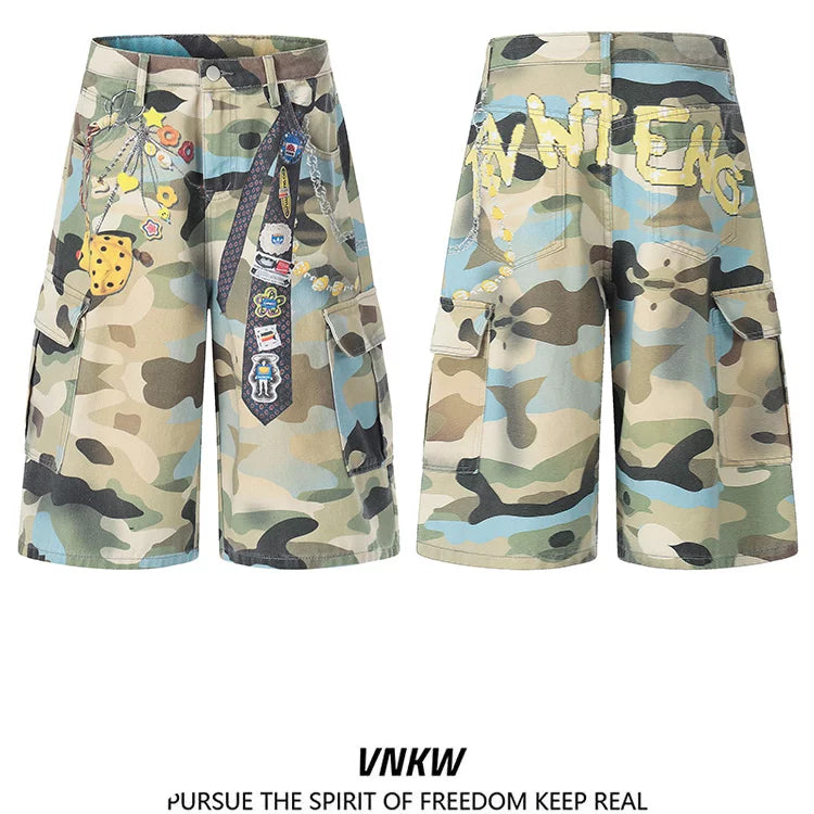 American retro camouflage pendant printed multi pocket straight leg cropped pants for men and women loose wide leg workwear casual shorts
