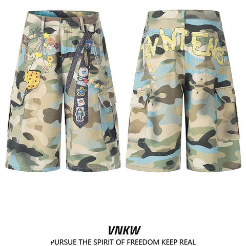 American retro camouflage pendant printed multi pocket straight leg cropped pants for men and women loose wide leg workwear casual shorts