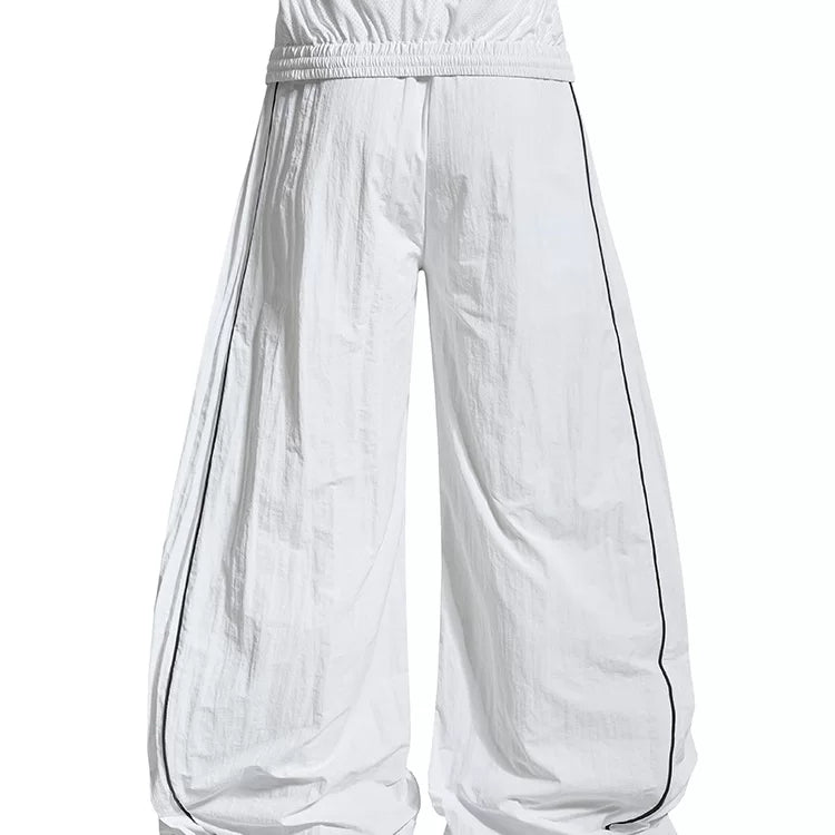 American retro white wide leg curved knife paratrooper pants for men and women, loose double waist, contrasting stripes, casual sports pants