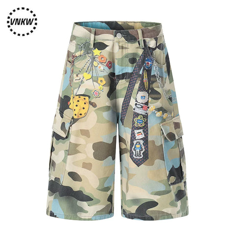 American retro camouflage pendant printed multi pocket straight leg cropped pants for men and women loose wide leg workwear casual shorts